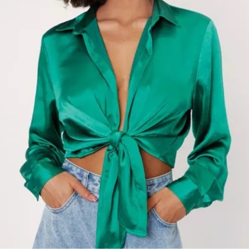 Emerald Green Long Sleeve Tie Front Crop Shirt